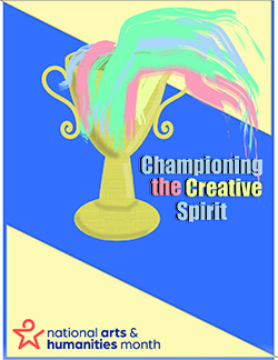 Painting of a trophy filled with colorful brush strokes. Text: Championing the Creative Spirit.